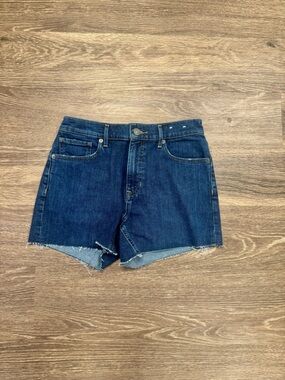 Express High Rise Denim Shorts Raw Hem Dark Wash Size 4 Midi